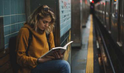 Schnelles Sprachenlernen Studentin in der U-Bahn