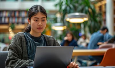 Studentin sitzt in der Uni Bibliothek und lernt für eine Fremdsprache