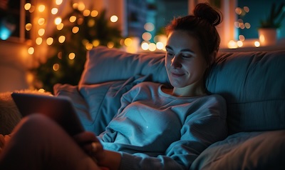 Frau lernt Daenisch mit einer Serie auf dem Tablet
