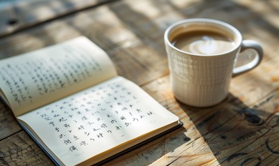 Handgeschriebene chinesische Schriftzeichen in einem Notizbuch