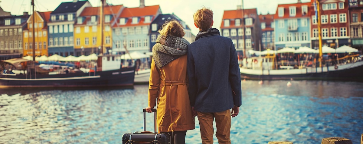 Paar freut sich auf die Dänemark Reise am Hafen