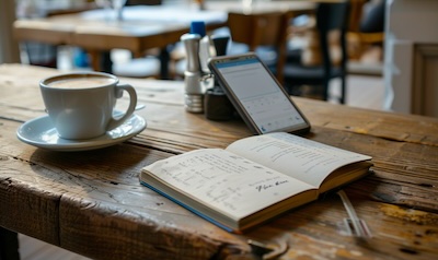 Daenisch Sprachfuehrer und Lern-App auf einem Cafetisch