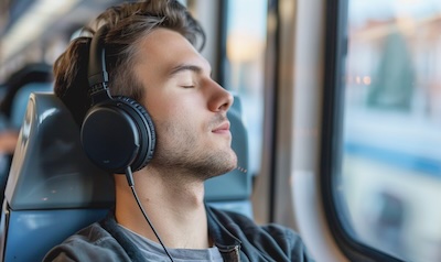 Französisch lernen unterwegs – Mann hört Sprachlektionen mit Kopfhörern in der Bahn