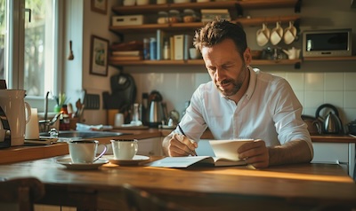 Tägliche Lernroutine Französisch – Mann lernt morgens mit Kaffee und Notizbuch