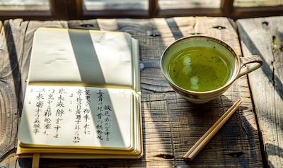 Notizbuch mit japanischen Schriftzeichen und gruenem Tee