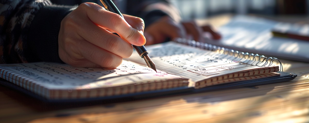 Hand schreibt Hiragana Zeichen in ein Notizbuch