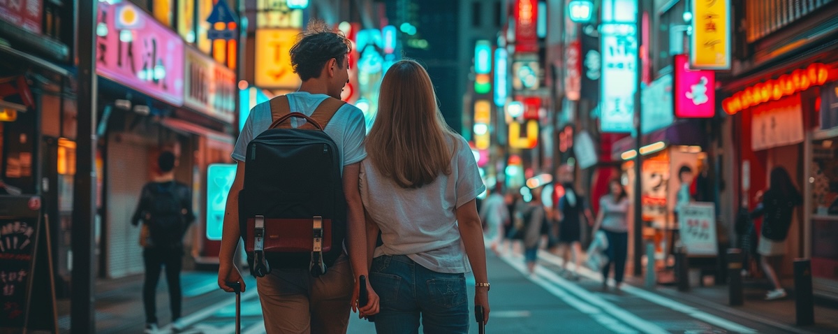 Paar freut sich auf die Japan Reise in Tokio