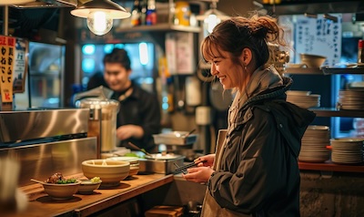 Frau bestellt auf Japanisch an einem Ramen Tresen