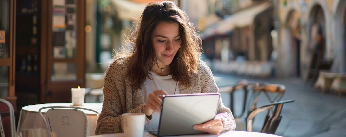 Frau lernt am Tablet Italienisch für den Urlaub in einem Cafe in Italien