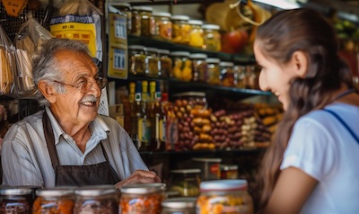 Touristin spricht Italienisch mit einem lächelnden Händler in Italien