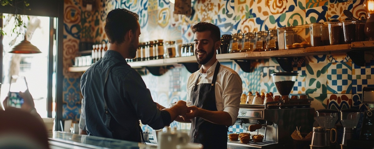 Urlauberin bestellt auf Portugiesisch in einem Café in Lissabon