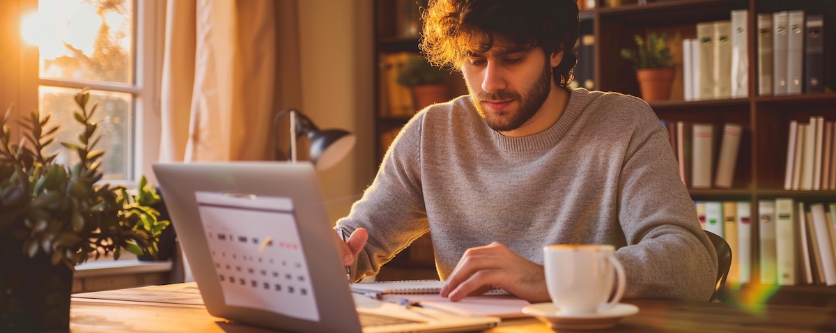 Mann lernt zu Hause am Laptop Italienisch und plant seine Lernzeit