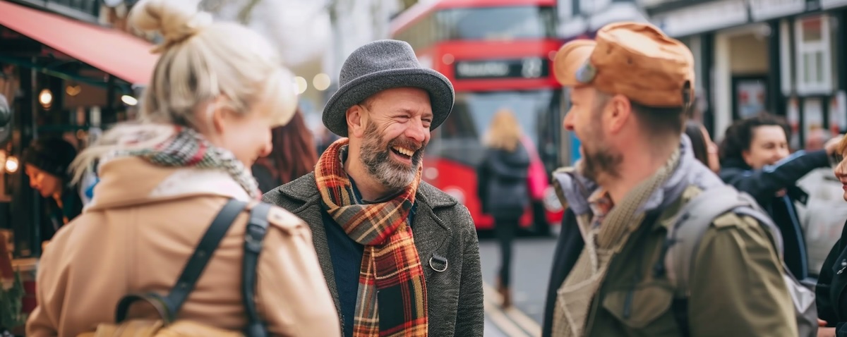 Deutsches Touristenpaar spricht auf einer Londoner Straße mit einem Einheimischen