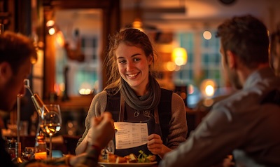 Frau bestellt im englischen Pub auf Englisch beim Kellner