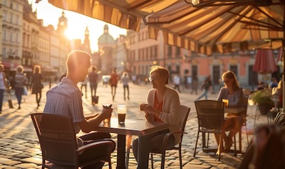 Reisende bestellt Kaffee auf Polnisch in Krakauer Altstadt