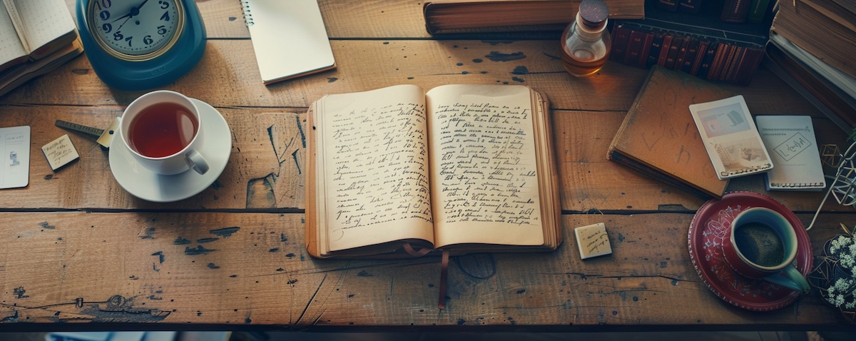 Schreibtisch von oben mit Notizbuch voller kyrillischer Buchstaben, Teetasse und Wecker als Sinnbild für die Lernzeit