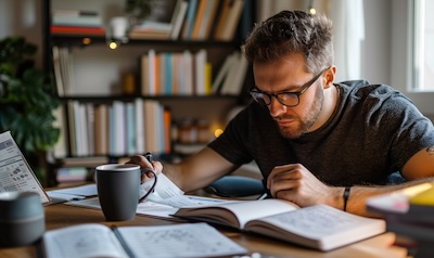 Deutscher Mann lernt Tschechisch mit Grammatikbuch und Notizen am Schreibtisch