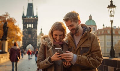Deutsches Paar auf der Karlsbruecke in Prag nutzt Smartphone fuer tschechische Vokabeln