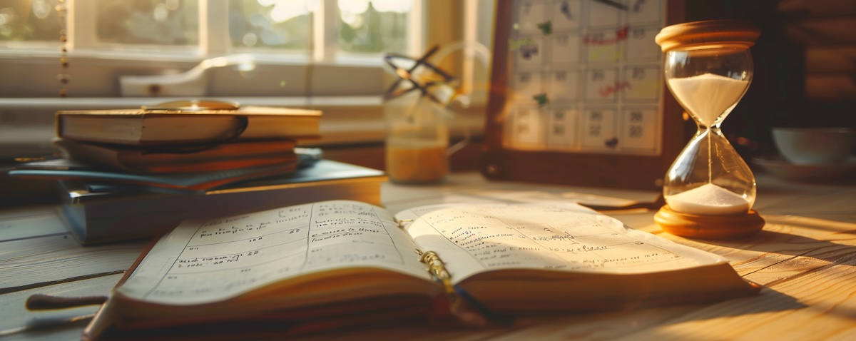 Notizbuch mit polnischen Vokabeln, Sanduhr und Kalender auf einem Küchentisch