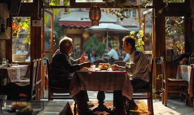 Deutsche Reisende bestellt auf Türkisch beim Kellner im Restaurant