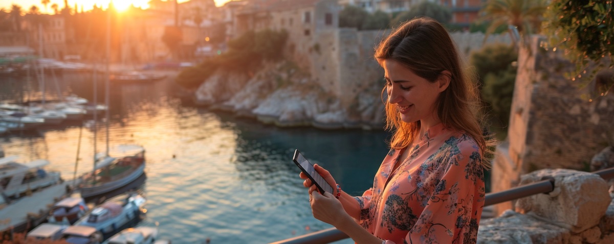 Reisende lernt Türkisch mit Sprach-App in der Altstadt von Antalya