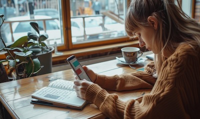 Person übt türkische Vokabeln mit Notizbuch und Smartphone im Café