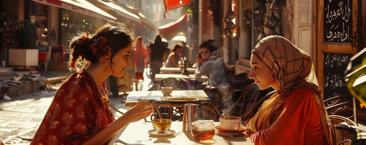 Deutsche Reisende und Türkin bei einem Çay im Basar in Istanbul