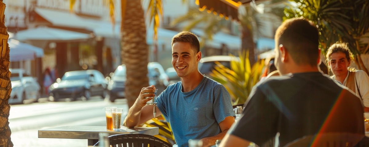 Reisende auf einer Café-Terrasse in Tel Aviv unterhält sich auf Ivrit mit dem Kellner