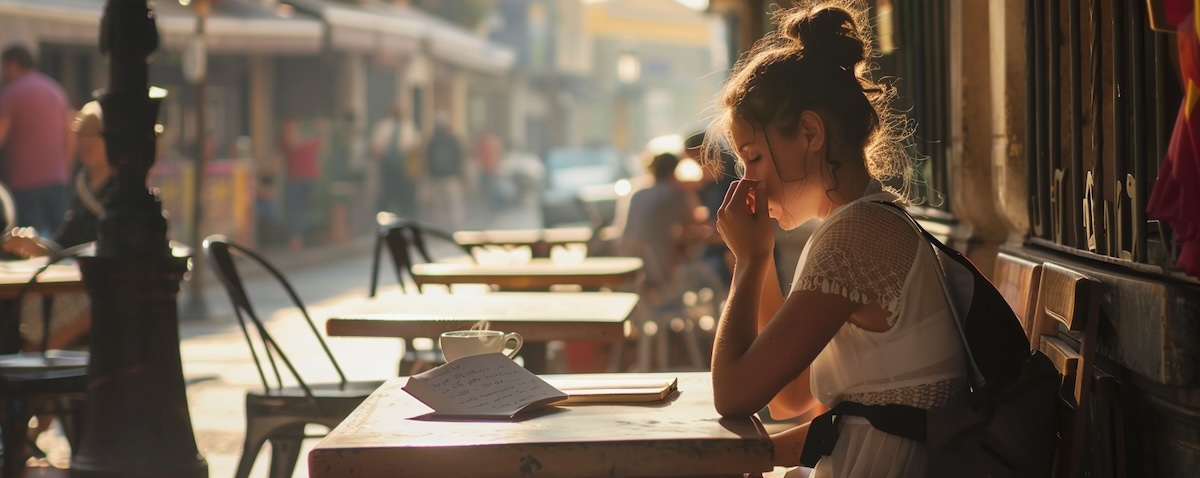 Reisende auf einer Tel Aviver Café-Terrasse übt konzentriert hebräische Buchstaben
