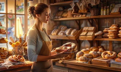 Junge Frau übt beim Bäcker ihre ersten Sätze auf Deutsch