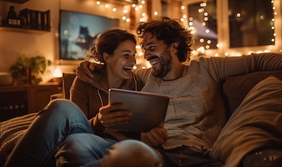 Paar übt abends zu Hause gemeinsam Deutsch mit dem Tablet