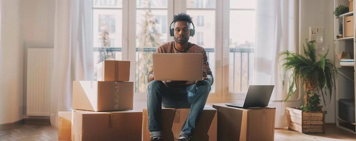Mann lernt nach dem Umzug nach Deutschland im neuen Zuhause Deutsch am Laptop