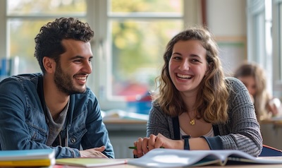 Zwei Erwachsene üben im Deutschkurs ein Gespräch auf B1 Niveau