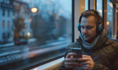 Mann lernt morgens in der Bahn Deutsch Vokabeln mit dem Smartphone