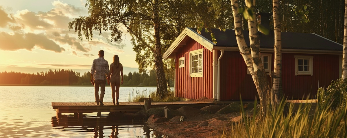 Deutsches Paar kommt am roten Ferienhaus an einem See in Schweden an
