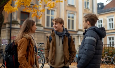 Deutsche Austauschstudentin spricht mit schwedischen Kommilitonen vor der Universität in Uppsala